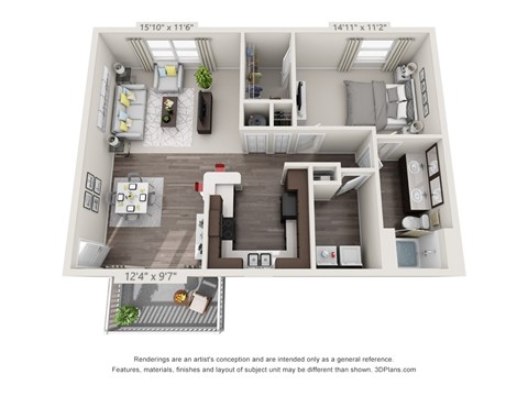 A 3D floor plan of a small apartment with a kitchen, living room, and bedroom.